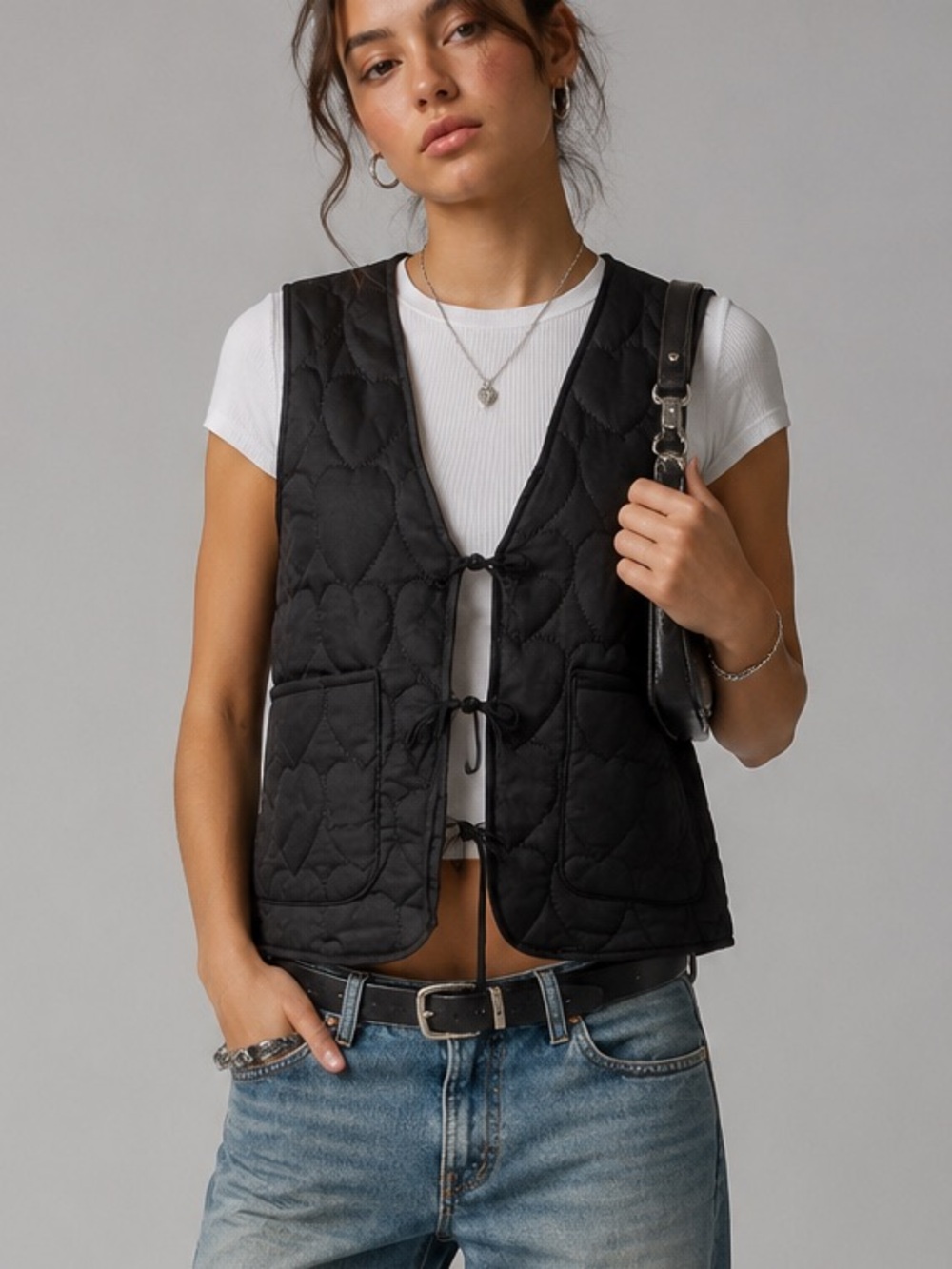 Umgee Black Heart Quilted Tie-Front Vest Size M NWT